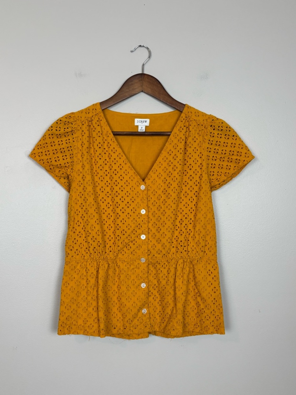 J Crew Factory Top Womens 2 Eyelet Peplum Button Front in Mustard Yellow